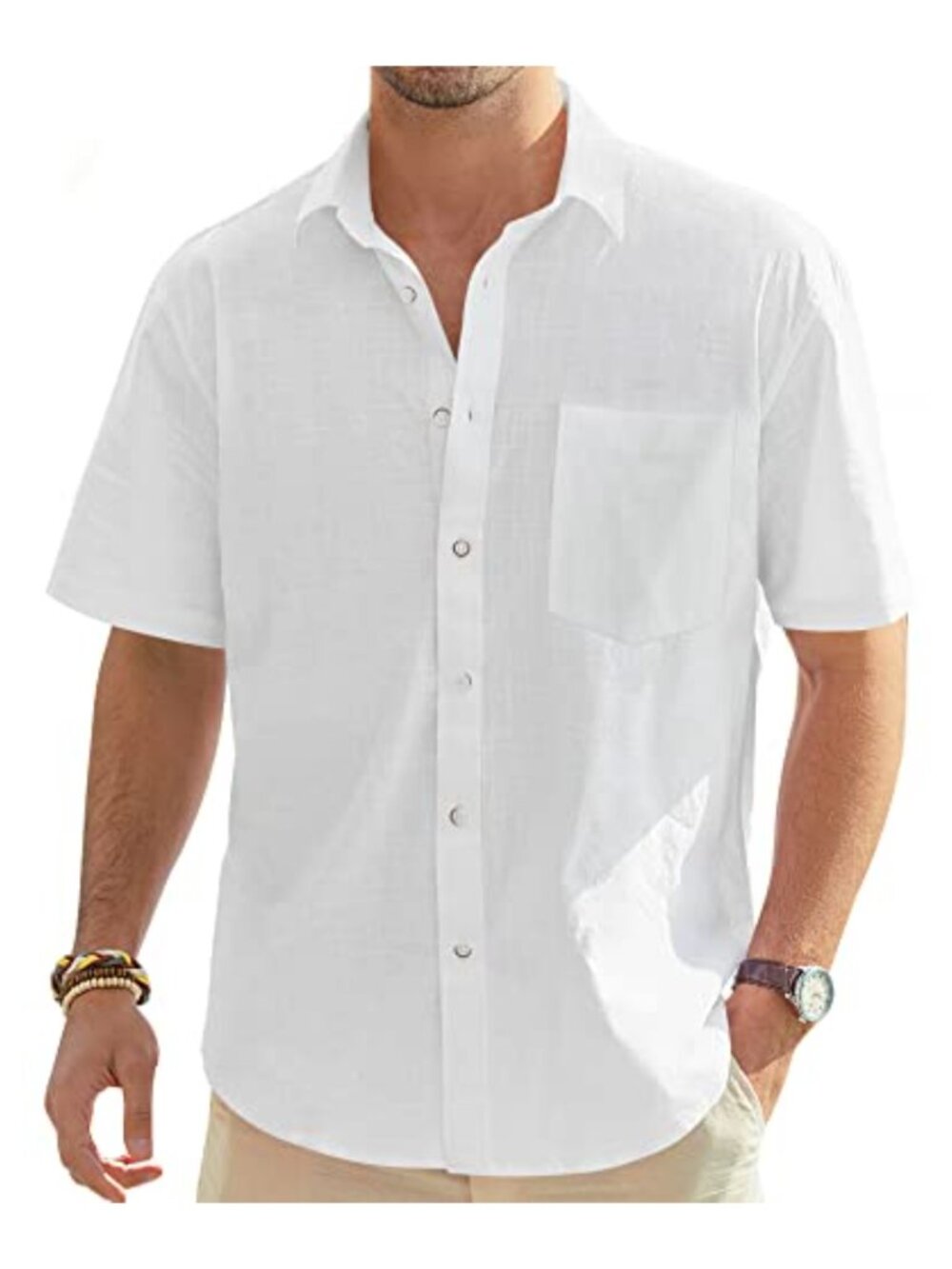 Short Sleeve Linen Button Down Shirt with Pocket, Lightweight Casual